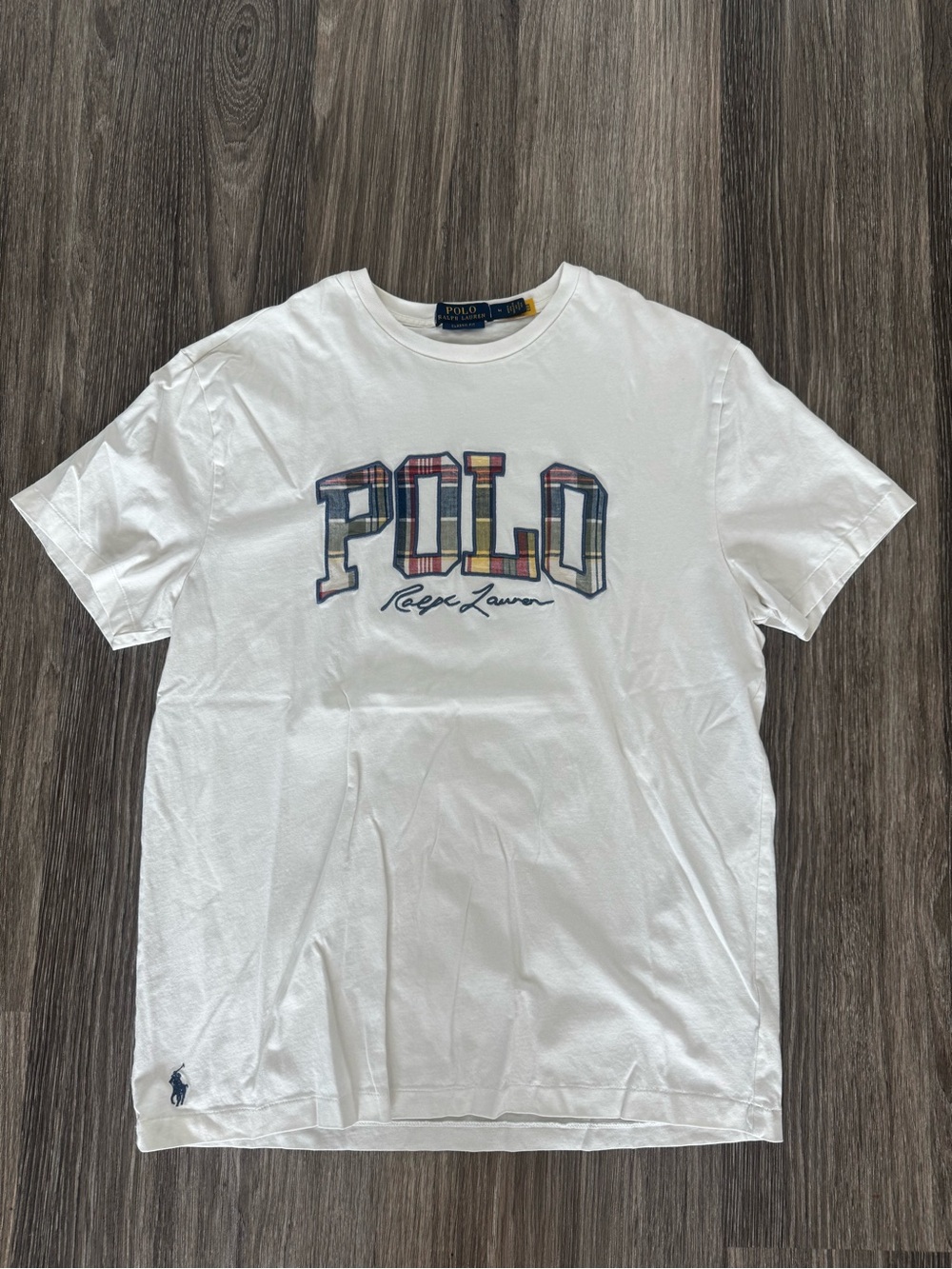 Ralph Lauren White Short-Sleeve Tee with Multicolor Plaid POLO Logo